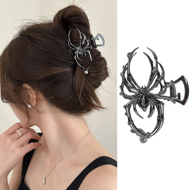 Main image of 1Pack Spider Hair Claw Clips - Black Metal Spider Hair Accessories with Pearl Pendant Design - Strong Hold Large Shark Grip Clips - Gothic Halloween Party Supply
