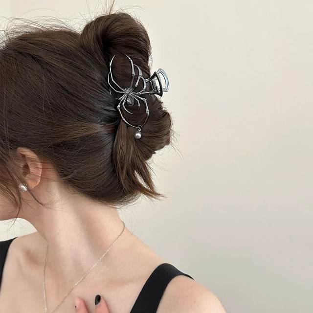Alt view image 6 of 7 - 1Pack Spider Hair Claw Clips - Black Metal Spider Hair Accessories with Pearl Pendant Design - Strong Hold Large Shark Grip Clips - Gothic Halloween Party Supply
