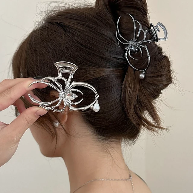 Alt view image 7 of 7 - 1Pack Spider Hair Claw Clips - Black Metal Spider Hair Accessories with Pearl Pendant Design - Strong Hold Large Shark Grip Clips - Gothic Halloween Party Supply