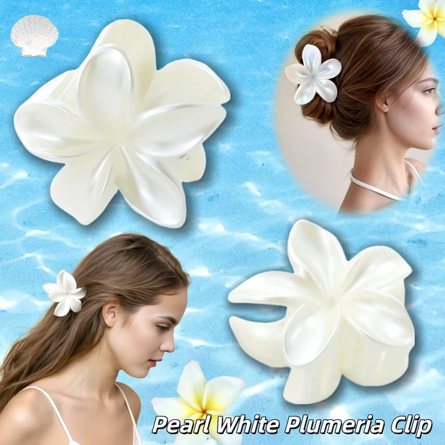 Alt view image 2 of 7 - 2 Pcs Pearl White Plumeria Claw Clips - Pretty Hawaiian Flower Hair Clips Cute Floral Hair Accessories for Wedding Tropical Beach Vacation Luau Parties