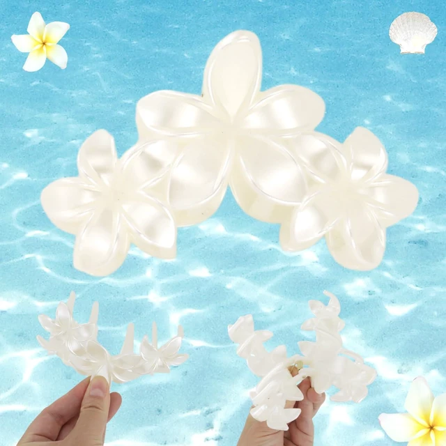 Alt view image 3 of 7 - 2 Pcs Pearl White Plumeria Claw Clips - Pretty Hawaiian Flower Hair Clips Cute Floral Hair Accessories for Wedding Tropical Beach Vacation Luau Parties