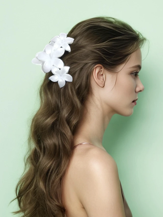 Alt view image 6 of 7 - 2 Pcs Pearl White Plumeria Claw Clips - Pretty Hawaiian Flower Hair Clips Cute Floral Hair Accessories for Wedding Tropical Beach Vacation Luau Parties