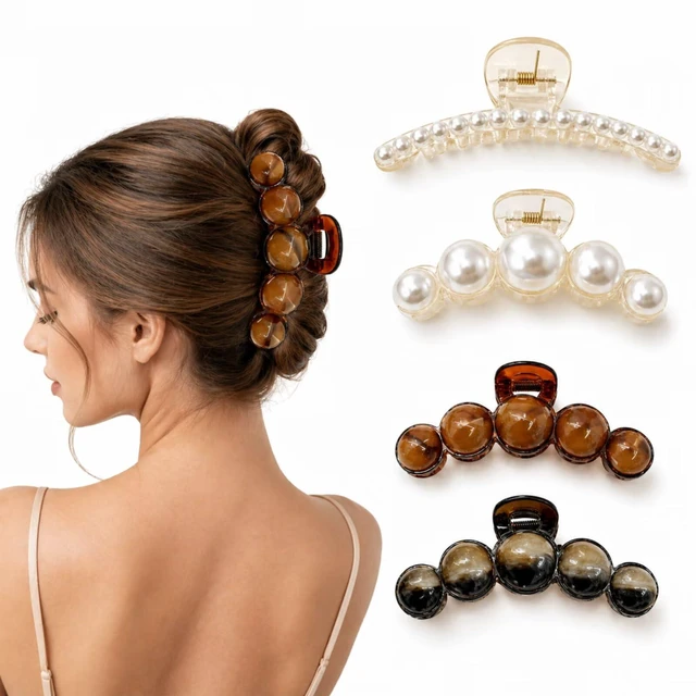 Main image of Pearl Hair Clips for Women and Girls Large Resin Claw Clips with Faux Pearls, Non Slip Strong Hold for Thick Thin Hair, Bridal Hair Accessories for Daily Wedding Styling (Set A)