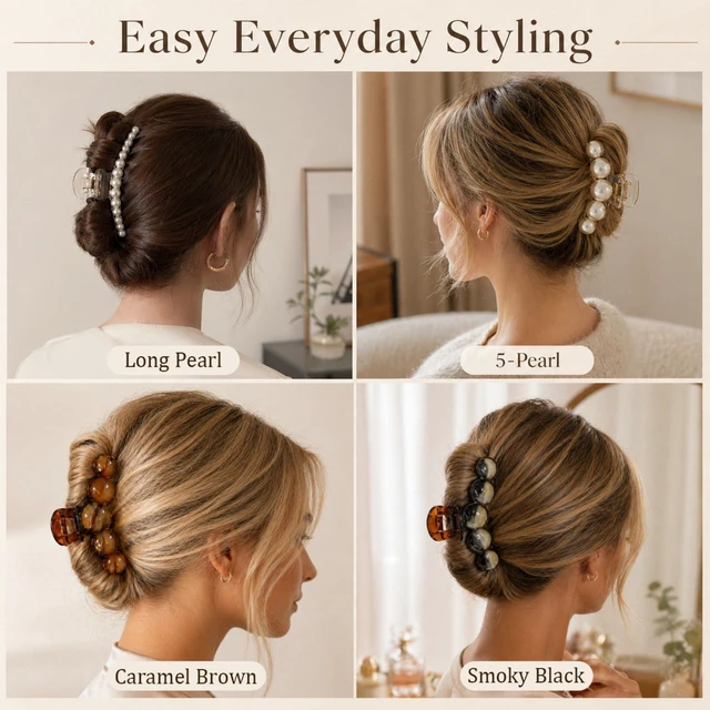 Alt view image 3 of 7 - Pearl Hair Clips for Women and Girls Large Resin Claw Clips with Faux Pearls, Non Slip Strong Hold for Thick Thin Hair, Bridal Hair Accessories for Daily Wedding Styling (Set A)