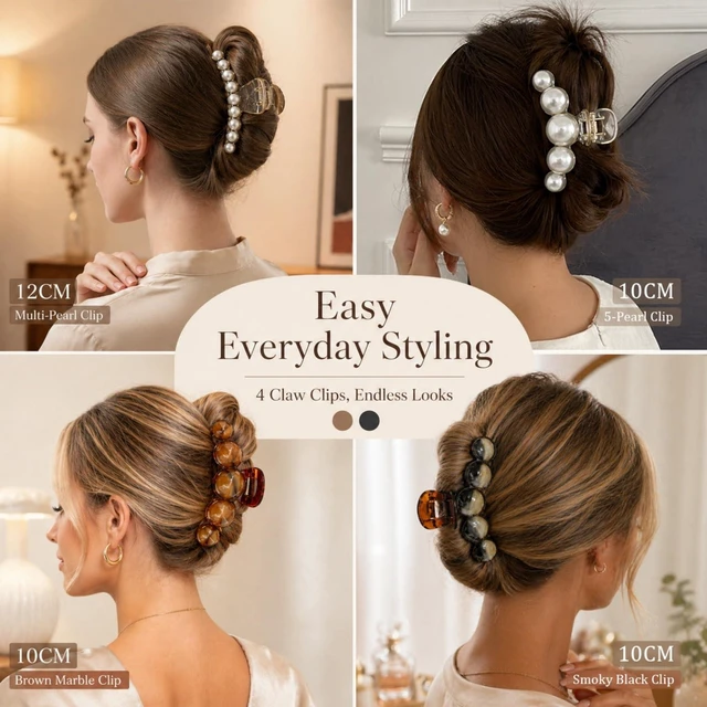 Alt view image 4 of 7 - Pearl Hair Clips for Women and Girls Large Resin Claw Clips with Faux Pearls, Non Slip Strong Hold for Thick Thin Hair, Bridal Hair Accessories for Daily Wedding Styling (Set A)