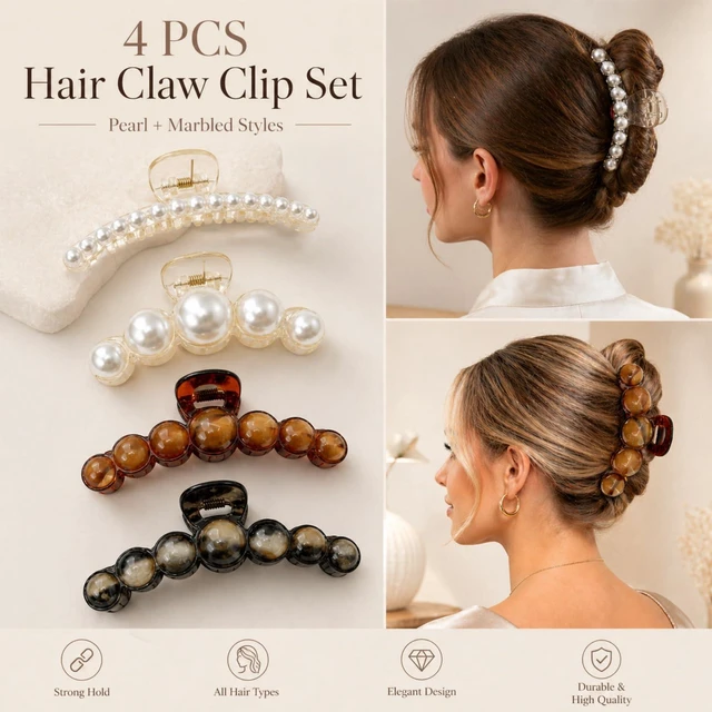 Alt view image 5 of 7 - Pearl Hair Clips for Women and Girls Large Resin Claw Clips with Faux Pearls, Non Slip Strong Hold for Thick Thin Hair, Bridal Hair Accessories for Daily Wedding Styling (Set A)