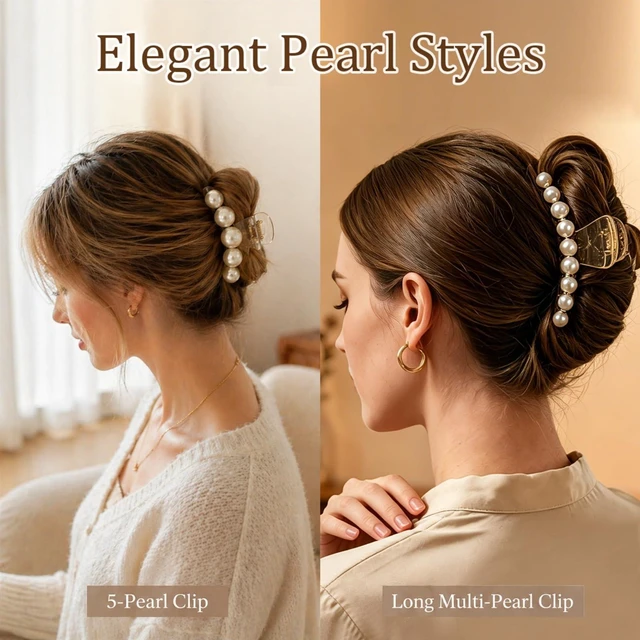 Alt view image 6 of 7 - Pearl Hair Clips for Women and Girls Large Resin Claw Clips with Faux Pearls, Non Slip Strong Hold for Thick Thin Hair, Bridal Hair Accessories for Daily Wedding Styling (Set A)