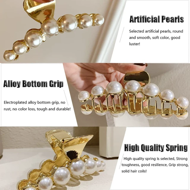 Alt view image 4 of 7 - Hair Clip, Large Pearl Gold Metal Hair Claw Clips, Nonslip Hair Accessories for Thick Long Hair, Birthday Gift for Women, Girls, Daughters, Girlfriends