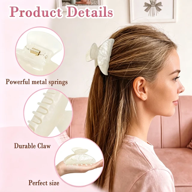 Alt view image 2 of 7 - Acrylic Hair Claw Clip for Women Girls, Marbled Hair Clips Medium Cute Barrettes with Strong Non-slip Hold for Fine Hair, Elegant French Banana Clip for Daily Wear & Travel - Glitter White