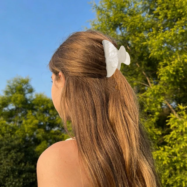 Alt view image 6 of 7 - Acrylic Hair Claw Clip for Women Girls, Marbled Hair Clips Medium Cute Barrettes with Strong Non-slip Hold for Fine Hair, Elegant French Banana Clip for Daily Wear & Travel - Glitter White