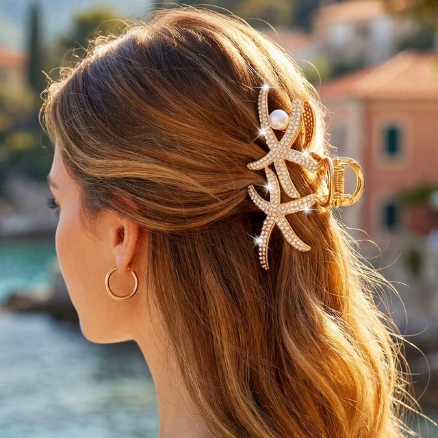 Alt view image 7 of 7 - Starfish Hair Claw Clips Gold Pearl Hair Clip Claw Large Metal Hair Clips Rhinestone Hair Accessories for Women and Girls (Pack of 2)
