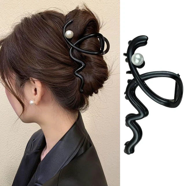 Main image of 1Pcs Black Wave Large Hair Claw Clip with Pearl Design, Elegant Metal Sliver Grip Clip for Thick/Thin Hair - Strong Hold Jaw Clips & Women's Hair Accessories