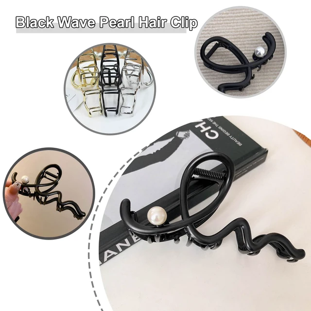 Alt view image 2 of 7 - 1Pcs Black Wave Large Hair Claw Clip with Pearl Design, Elegant Metal Sliver Grip Clip for Thick/Thin Hair - Strong Hold Jaw Clips & Women's Hair Accessories