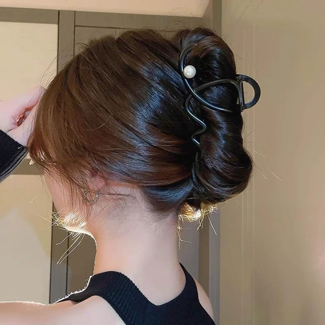 Alt view image 4 of 7 - 1Pcs Black Wave Large Hair Claw Clip with Pearl Design, Elegant Metal Sliver Grip Clip for Thick/Thin Hair - Strong Hold Jaw Clips & Women's Hair Accessories