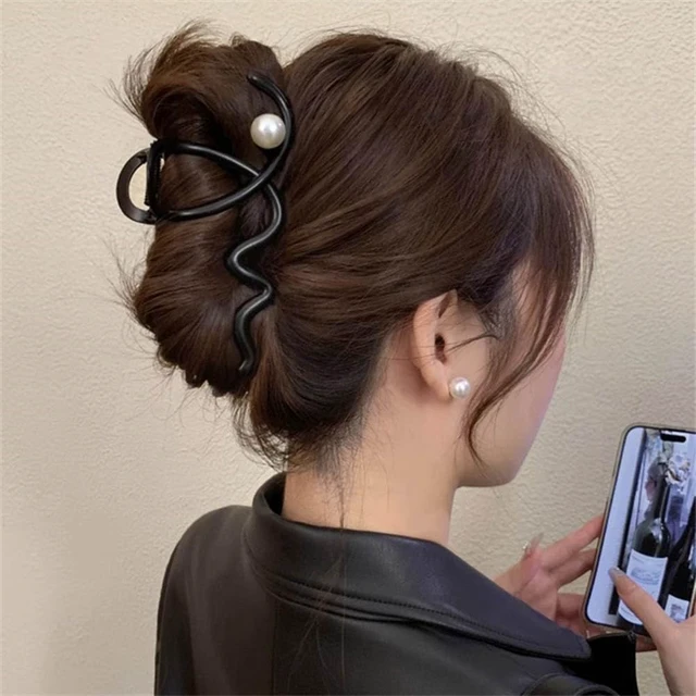 Alt view image 5 of 7 - 1Pcs Black Wave Large Hair Claw Clip with Pearl Design, Elegant Metal Sliver Grip Clip for Thick/Thin Hair - Strong Hold Jaw Clips & Women's Hair Accessories