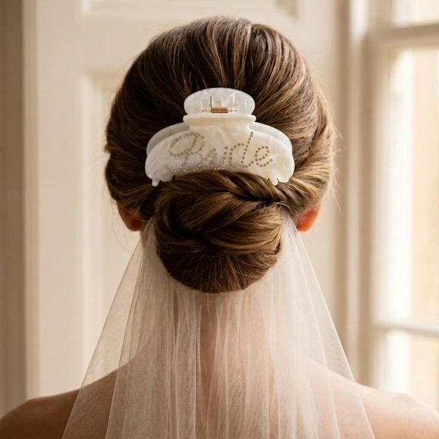 Alt view image 2 of 7 - Bride Claw Hair Clip, White Acrylic Bridal Clip with Rhinestone Lettering | Includes 1 white acrylic claw clip with rhinestone Bride lettering for bridal showers, bachelorette parties and weddings.