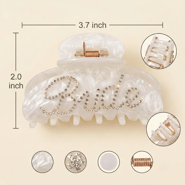 Alt view image 3 of 7 - Bride Claw Hair Clip, White Acrylic Bridal Clip with Rhinestone Lettering | Includes 1 white acrylic claw clip with rhinestone Bride lettering for bridal showers, bachelorette parties and weddings.