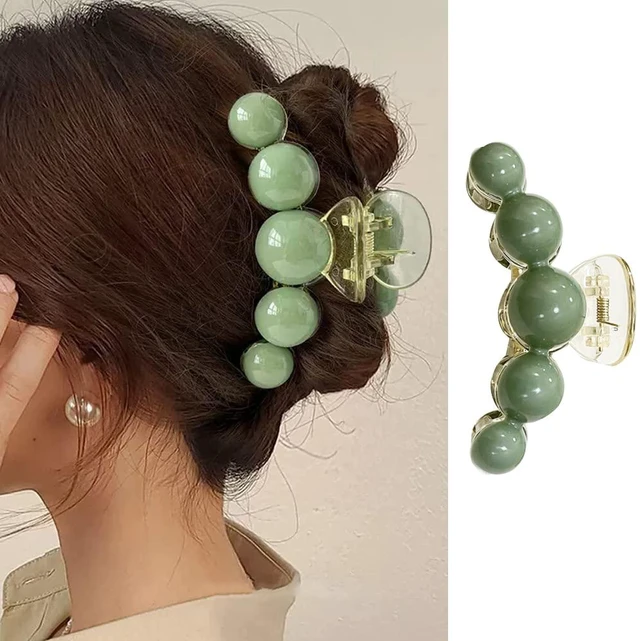 Main image of Large Green Pearl Hair Clamps for Women - Elegant Acrylic Hair Crab Clips, Non-Slip Strong Hold for Thick or Thin Hair