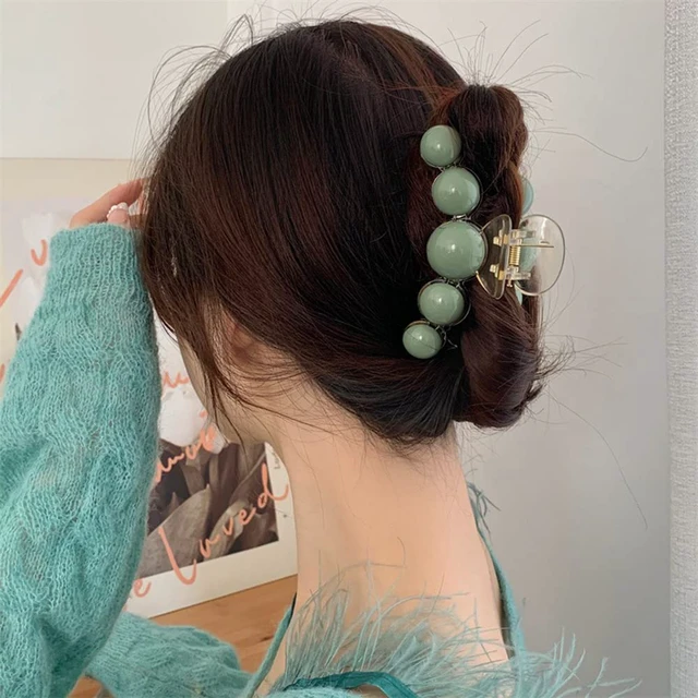 Alt view image 4 of 7 - Large Green Pearl Hair Clamps for Women - Elegant Acrylic Hair Crab Clips, Non-Slip Strong Hold for Thick or Thin Hair