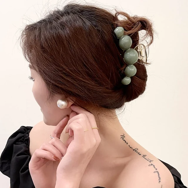 Alt view image 6 of 7 - Large Green Pearl Hair Clamps for Women - Elegant Acrylic Hair Crab Clips, Non-Slip Strong Hold for Thick or Thin Hair