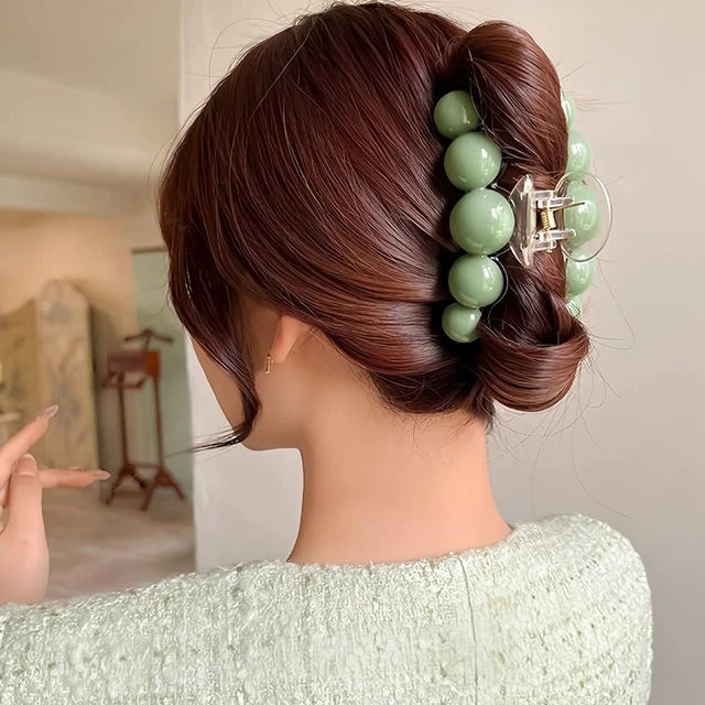 Alt view image 5 of 7 - Large Green Pearl Hair Clamps for Women - Elegant Acrylic Hair Crab Clips, Non-Slip Strong Hold for Thick or Thin Hair