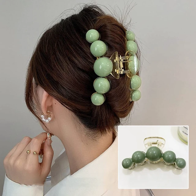 Alt view image 7 of 7 - Large Green Pearl Hair Clamps for Women - Elegant Acrylic Hair Crab Clips, Non-Slip Strong Hold for Thick or Thin Hair