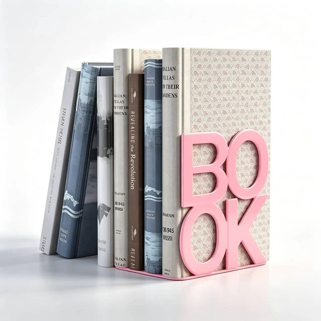 Main image of Book Ends Pink Metal BookEnds for Bookrack Desk,Books | Non-Skid Metal Book End Stopper for Books/CDs/DVDs