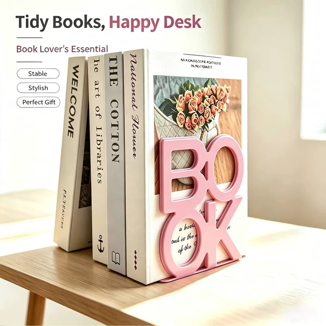 Alt view image 3 of 7 - Book Ends Pink Metal BookEnds for Bookrack Desk,Books | Non-Skid Metal Book End Stopper for Books/CDs/DVDs