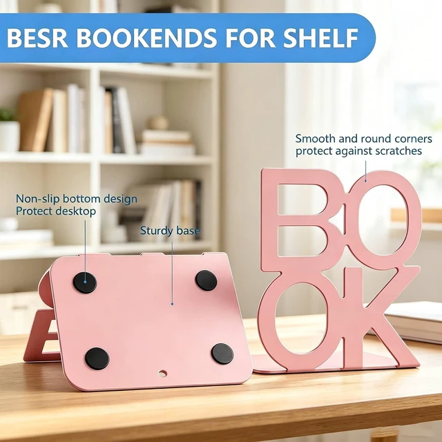 Alt view image 5 of 7 - Book Ends Pink Metal BookEnds for Bookrack Desk,Books | Non-Skid Metal Book End Stopper for Books/CDs/DVDs