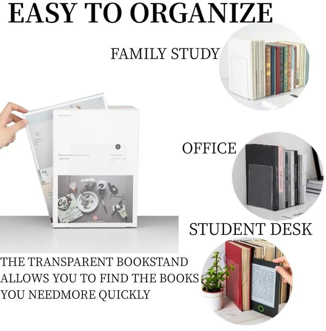 Alt view image 5 of 7 - Acrylic Book Ends 4 Pcs, Clear Bookends, Bookend Organizer for Shelves | Transparent Book Stoppers, Decorative Book Holder Stand for Heavy Books, CD, ,Book Shelves, File, Video Games