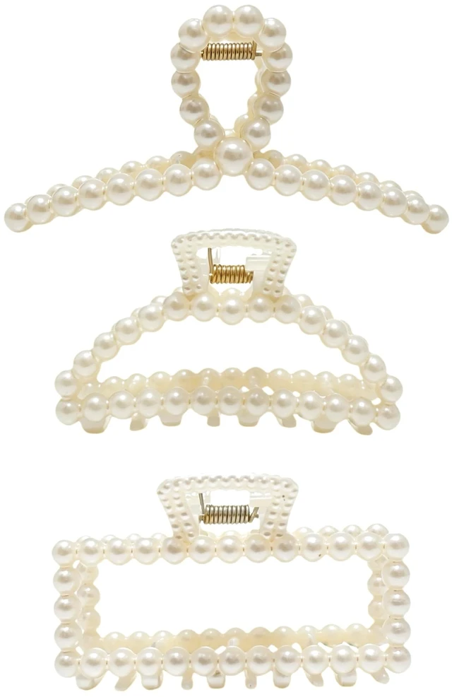 Main image of 3Pcs White Faux Pearl Claw Clips Set, Boho Bridal Barrettes for Thin Thick Hair Styling