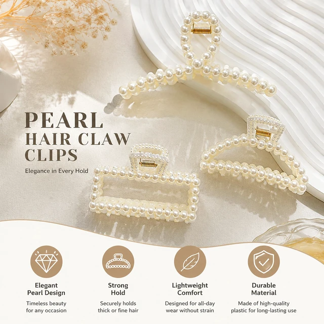 Alt view image 2 of 7 - 3Pcs White Faux Pearl Claw Clips Set, Boho Bridal Barrettes for Thin Thick Hair Styling