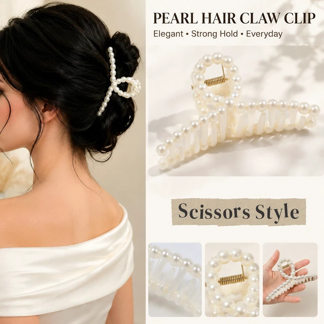 Alt view image 3 of 7 - 3Pcs White Faux Pearl Claw Clips Set, Boho Bridal Barrettes for Thin Thick Hair Styling