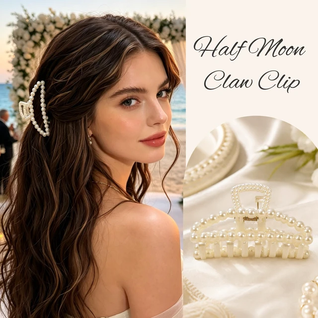 Alt view image 5 of 7 - 3Pcs White Faux Pearl Claw Clips Set, Boho Bridal Barrettes for Thin Thick Hair Styling