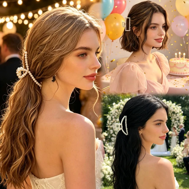 Alt view image 7 of 7 - 3Pcs White Faux Pearl Claw Clips Set, Boho Bridal Barrettes for Thin Thick Hair Styling