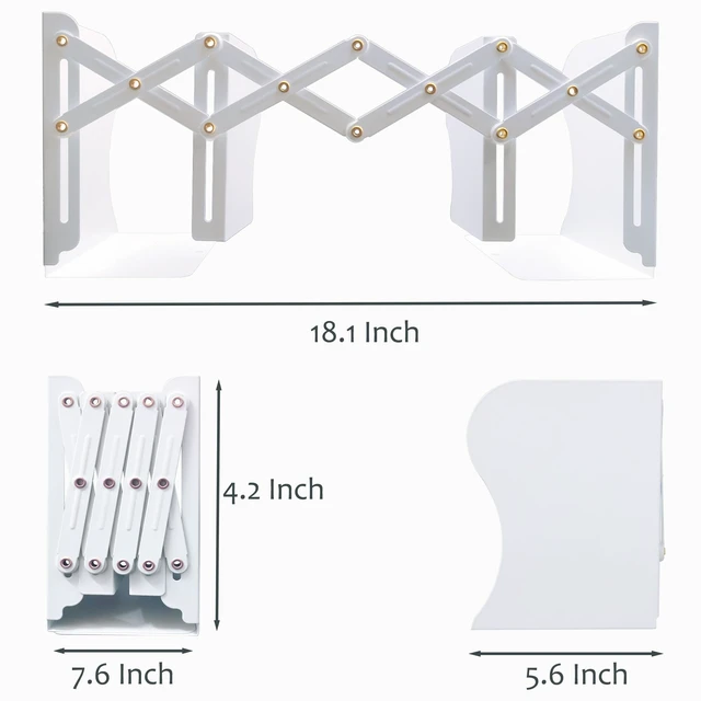 Alt view image 2 of 7 - Metal Bookends, Book Ends for Heavy Books, Adjustable Book Holder for Shelves, Book Stopper for Home/School/Office, Extends up to 19 inches, White