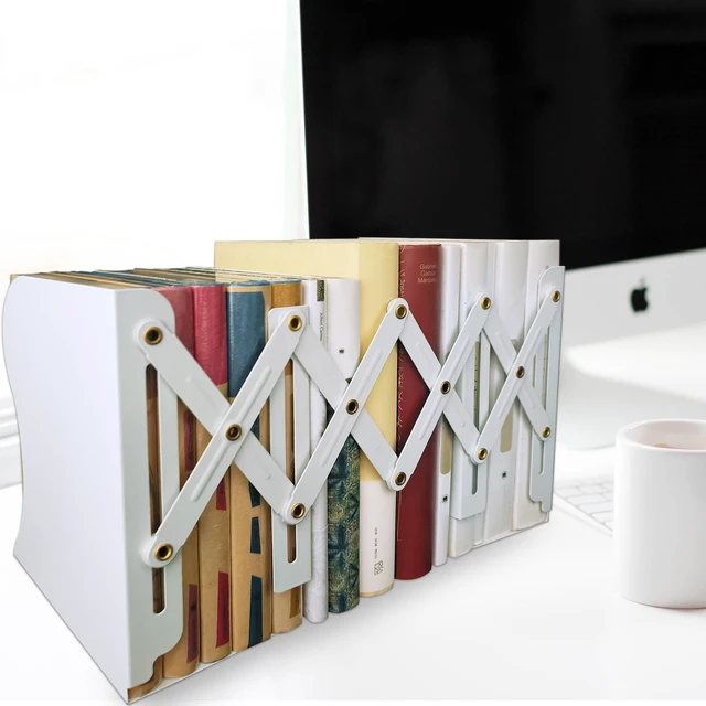 Alt view image 6 of 7 - Metal Bookends, Book Ends for Heavy Books, Adjustable Book Holder for Shelves, Book Stopper for Home/School/Office, Extends up to 19 inches, White