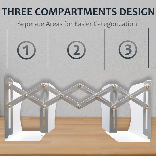 Alt view image 5 of 7 - Metal Bookends, Book Ends for Heavy Books, Adjustable Book Holder for Shelves, Book Stopper for Home/School/Office, Extends up to 19 inches, White