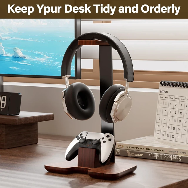 Alt view image 2 of 7 - Wood Headphone Stand with Controller Holder, Solid Wood Desktop Headset Stand for Gaming Headphones and Controllers
