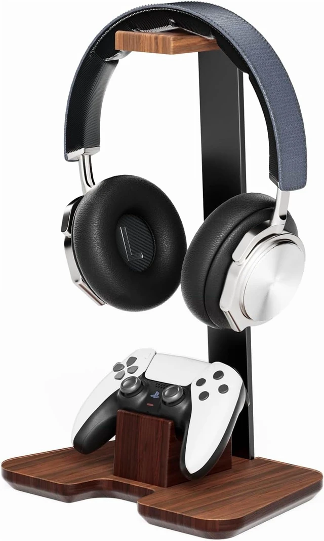 Main image of Wood Headphone Stand with Controller Holder, Solid Wood Desktop Headset Stand for Gaming Headphones and Controllers