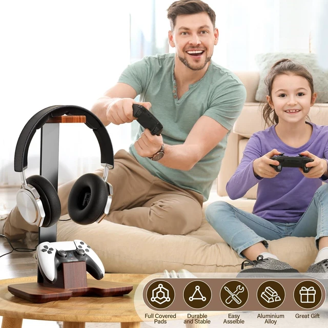 Alt view image 3 of 7 - Wood Headphone Stand with Controller Holder, Solid Wood Desktop Headset Stand for Gaming Headphones and Controllers