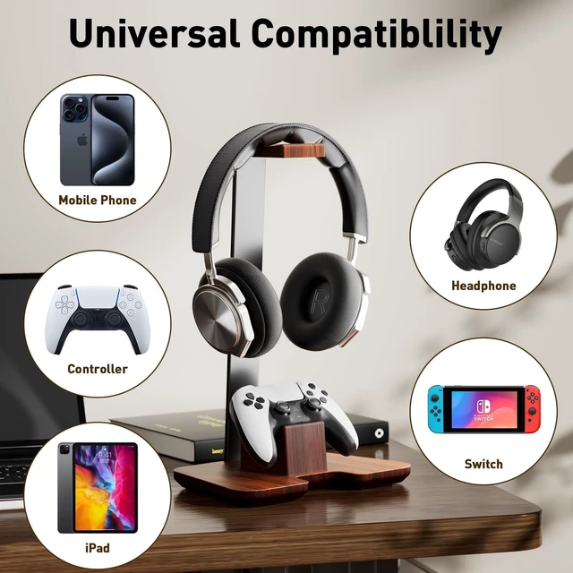 Alt view image 5 of 7 - Wood Headphone Stand with Controller Holder, Solid Wood Desktop Headset Stand for Gaming Headphones and Controllers