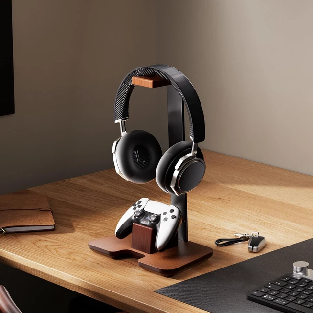 Alt view image 7 of 7 - Wood Headphone Stand with Controller Holder, Solid Wood Desktop Headset Stand for Gaming Headphones and Controllers