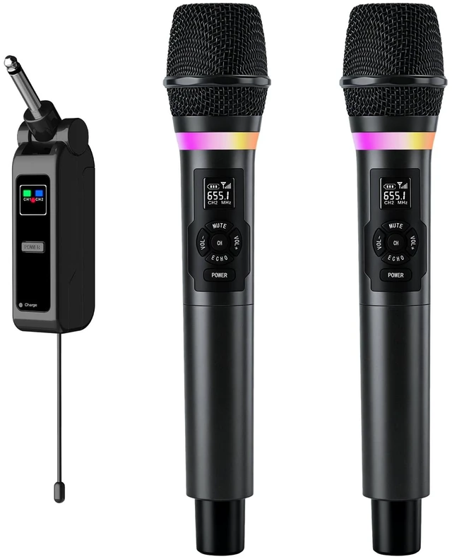 Alt view image 2 of 7 - Wireless Microphone System with Rechargeable Receiver, Dual Handheld Dynamic Mics for Karaoke, PA Speaker and Amplifier