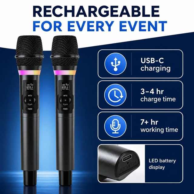 Alt view image 4 of 7 - Wireless Microphone System with Rechargeable Receiver, Dual Handheld Dynamic Mics for Karaoke, PA Speaker and Amplifier