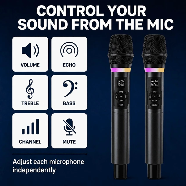 Alt view image 3 of 7 - Wireless Microphone System with Rechargeable Receiver, Dual Handheld Dynamic Mics for Karaoke, PA Speaker and Amplifier