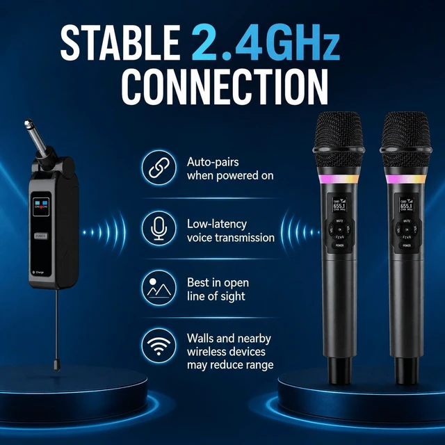 Alt view image 5 of 7 - Wireless Microphone System with Rechargeable Receiver, Dual Handheld Dynamic Mics for Karaoke, PA Speaker and Amplifier