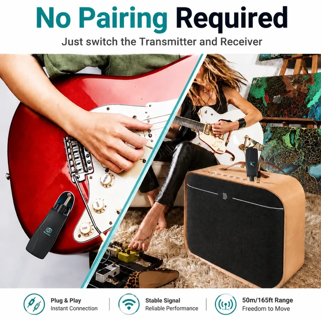 Alt view image 3 of 7 - 2.4GHz Wireless Guitar System, Rechargeable Transmitter & Receiver | 100FT Wireless Range, 220° Rotatable Plug, Plug & Play for Electric Guitar, Bass, Keyboard & Audio Devices