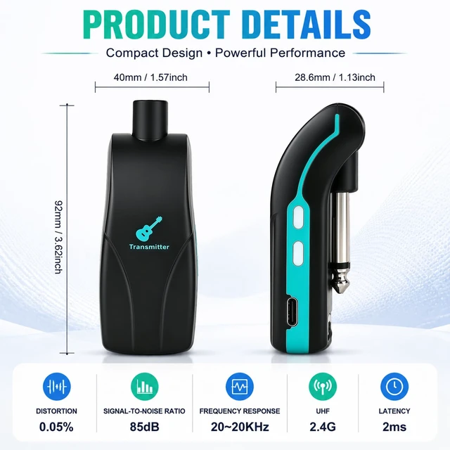 Alt view image 7 of 7 - 2.4GHz Wireless Guitar System, Rechargeable Transmitter & Receiver | 100FT Wireless Range, 220° Rotatable Plug, Plug & Play for Electric Guitar, Bass, Keyboard & Audio Devices