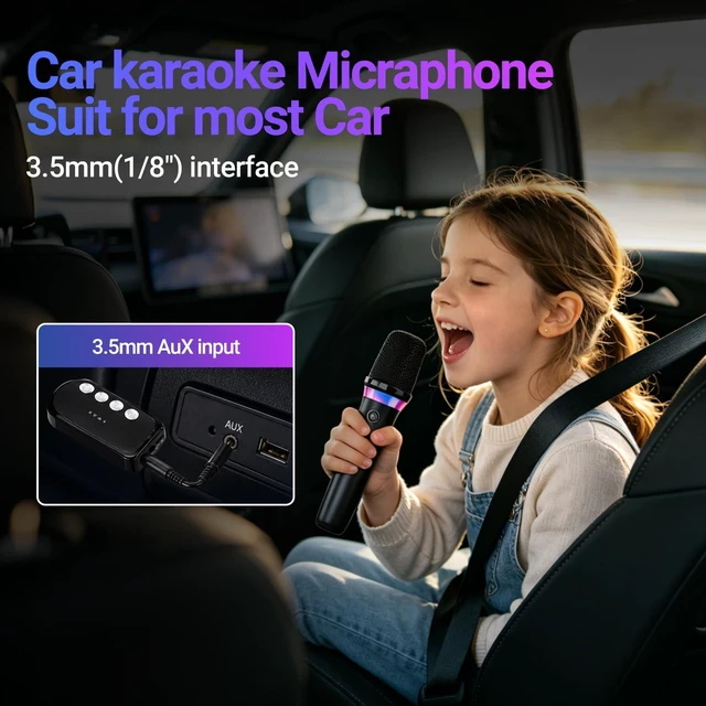 Alt view image 3 of 7 - Car Karaoke Microphone System, Dual Wireless Rechargeable Dynamic Mics | 3.5mm AUX Receiver, Plug & Play, Volume Control for Car Stereo, Home Audio, Portable Speakers & PA Systems